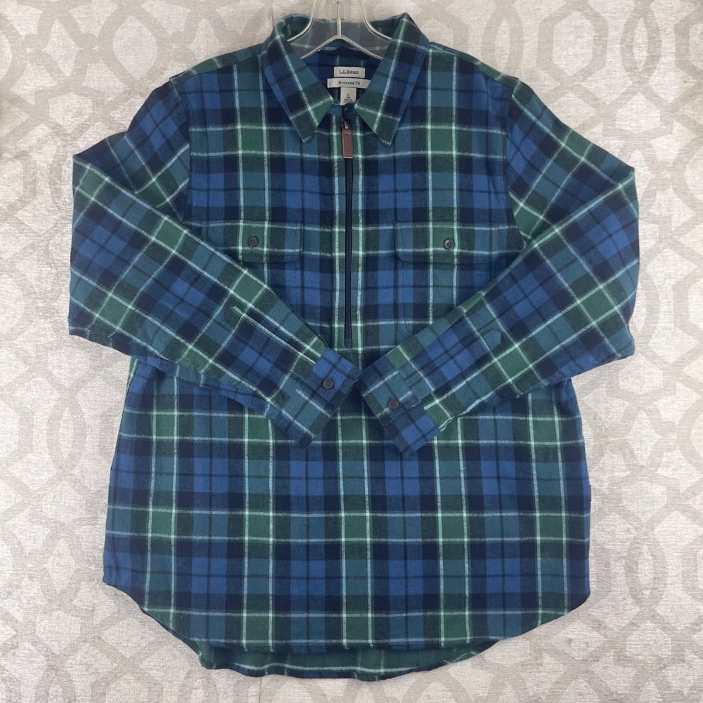 LL Bean Mens Large Relaxed Fit Quarter Zip Flannel Shirt Blue Green Plaid 517557